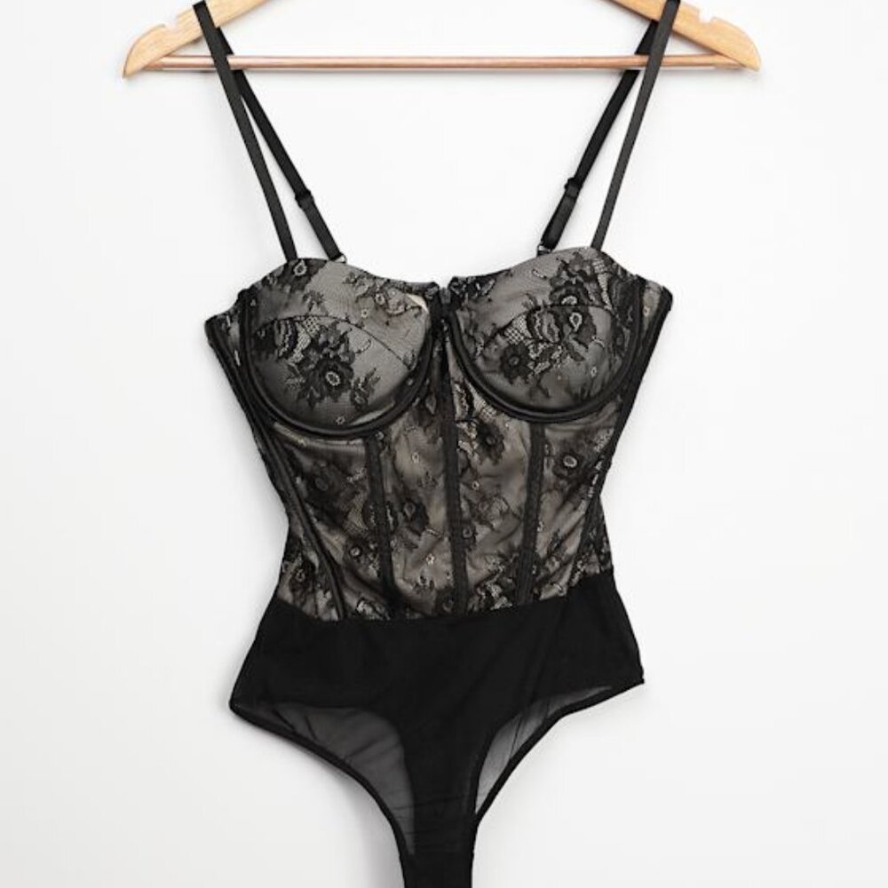 LULUS You Sexy Thing Black Lace Bustier Bodysuit - Size L